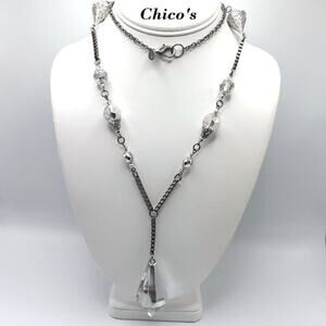 Chico's Long Acrylic Beaded Necklace, Square Chain, Filigree End Caps, 33 Inches